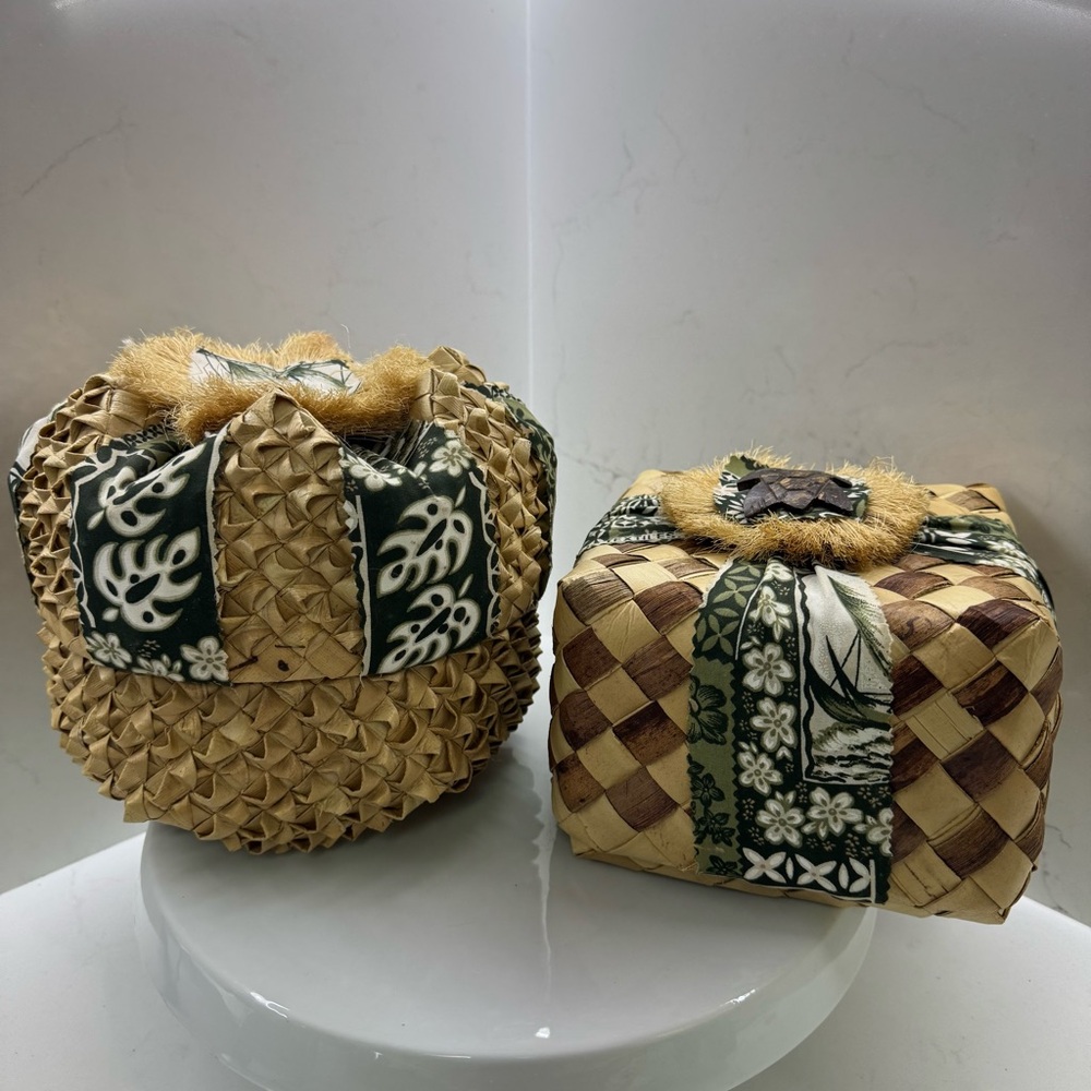 Vintage Hawaiian Lauhala Woven Lidded Baskets (set of two)